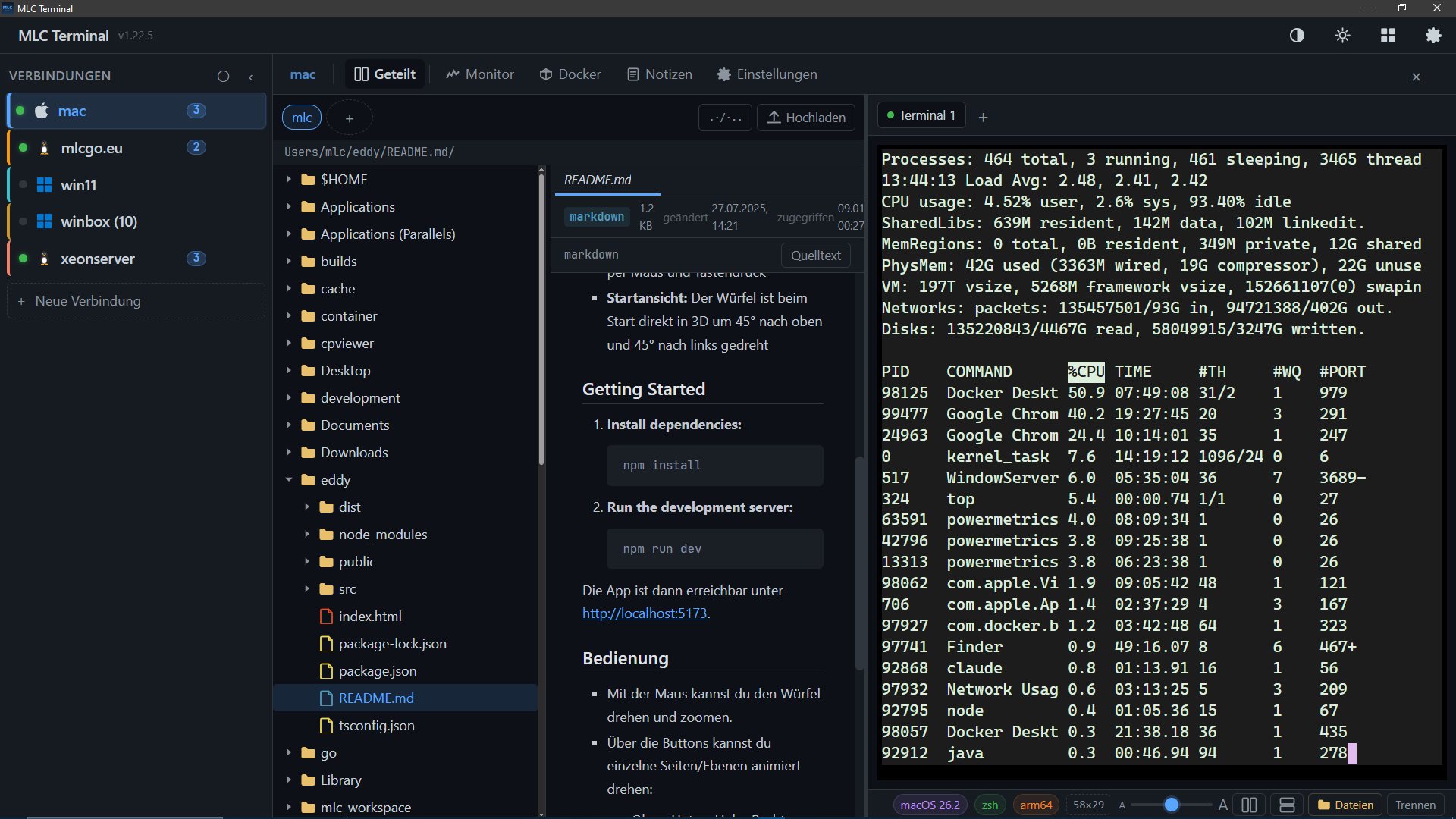 MLC Terminal — split view with SFTP file browser, markdown preview and live terminal