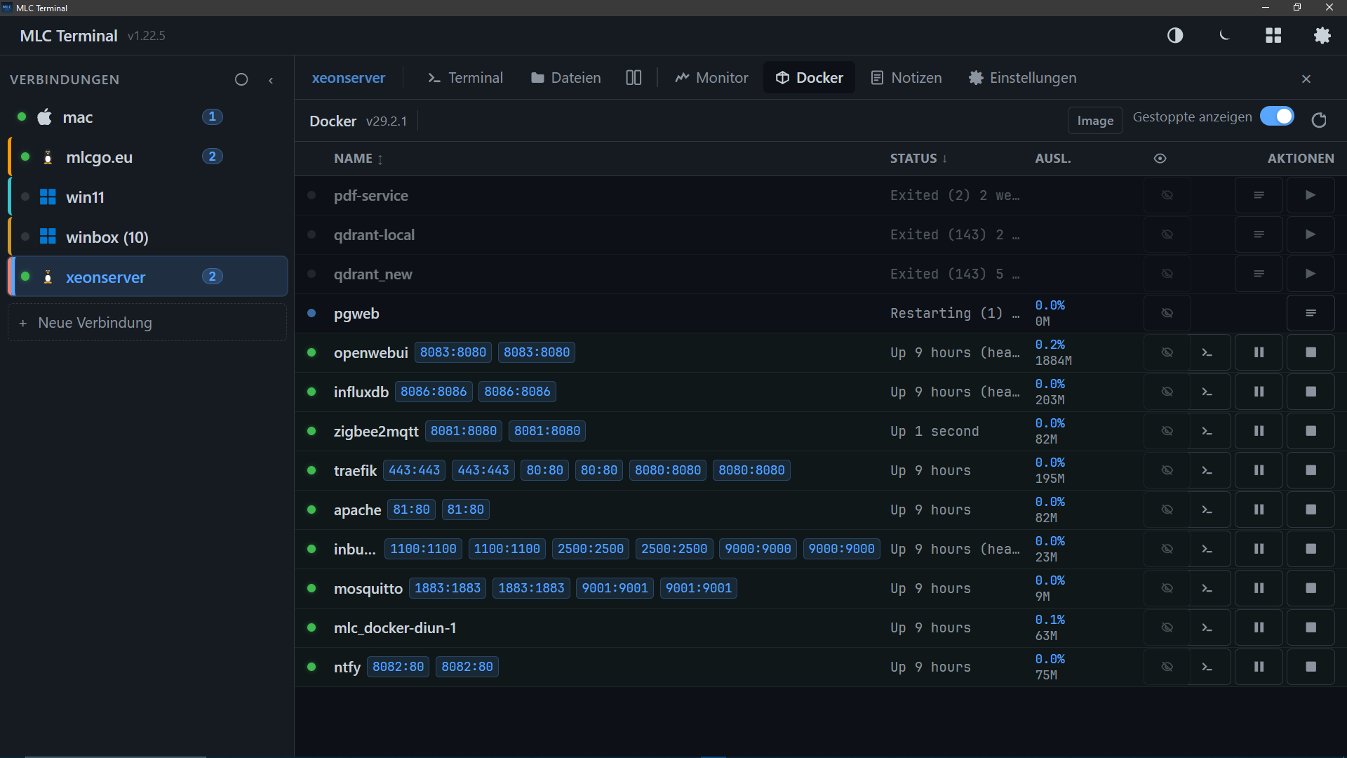 MLC Terminal host overview showing system info: OS, architecture, kernel, shell and hostname