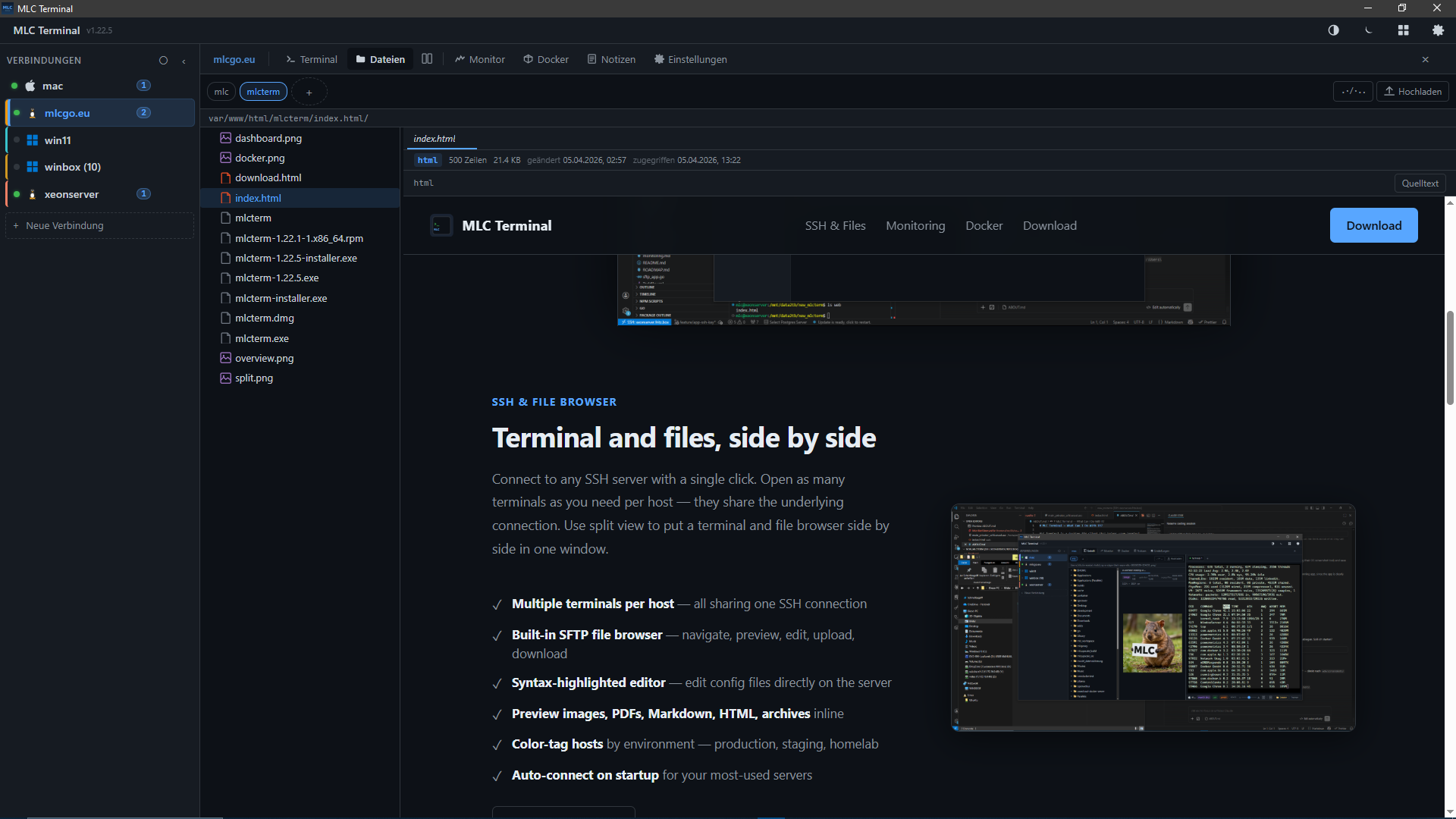 MLC Terminal split view — SFTP file browser on the left with image preview, terminal with top output on the right
